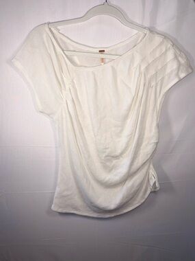 Free People Women White Draped Shoulder Short-Sleeve Ruched Knit Top Size Large